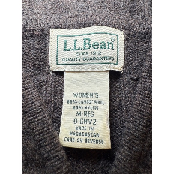 LL Bean Womens M-Reg Cable Knit Full Zip Hooded Sweater Brown Lambs' Wool Blend - Picture 3 of 8